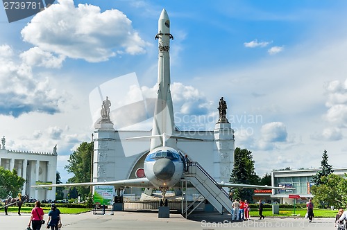 Image of Vostok rocket and TU-134 plane. Moscow, Russia