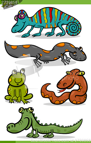 Image of reptiles and amphibians cartoon set