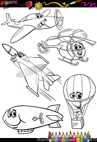 Image of cartoon aircraft set for coloring book