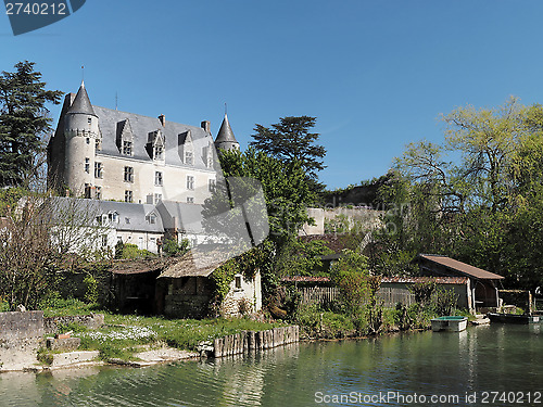 Image of Montresor village and castle seen from the Indrois river, France