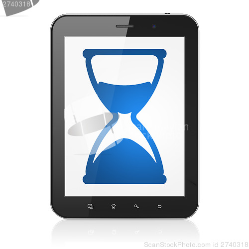 Image of Timeline concept: Hourglass on tablet pc computer