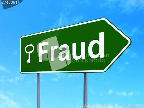 Image of Protection concept: Fraud and Key on road sign background