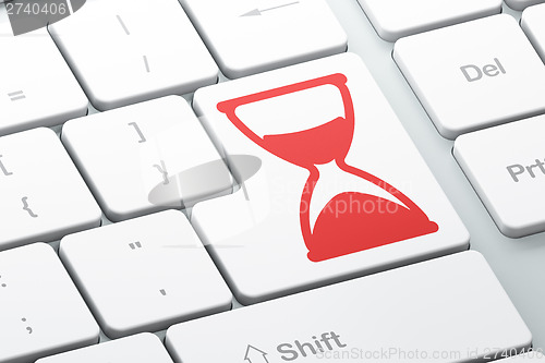 Image of Time concept: Hourglass on computer keyboard background