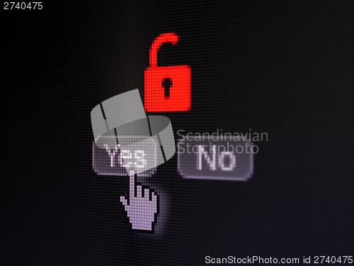 Image of Security concept: Opened Padlock on digital computer screen