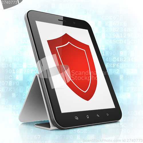 Image of Protection concept: Shield on tablet pc computer