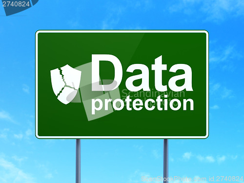 Image of Security concept: Data Protection and Broken Shield on road sign