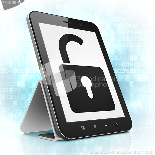 Image of Data concept: Opened Padlock on tablet pc computer
