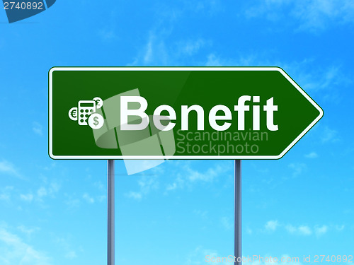 Image of Business concept: Benefit and Calculator on road sign background