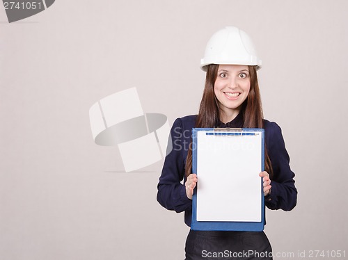 Image of Girl a helmet in shock from inscription on sheet folder