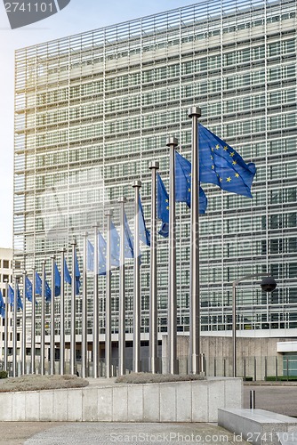 Image of European Union flags in front of the Berlaymont