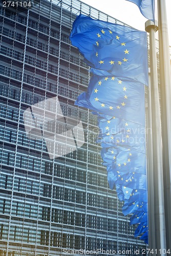 Image of European Union flags in front of the Berlaymont