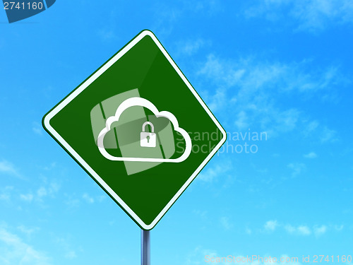 Image of Cloud computing concept: Cloud With Padlock on road sign