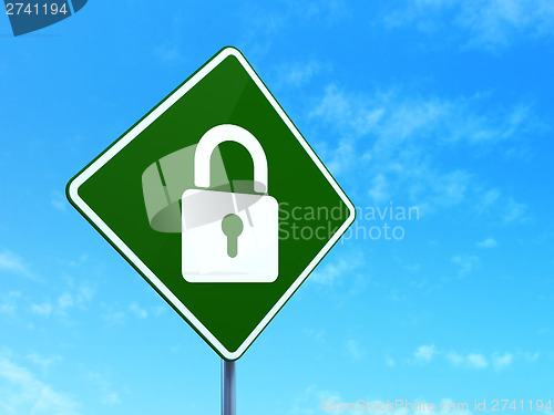 Image of Protection concept: Closed Padlock on road sign background