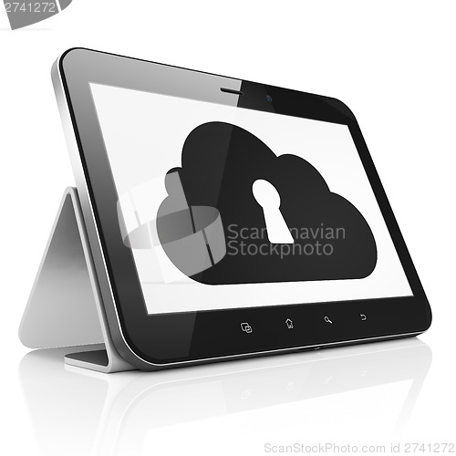 Image of Cloud networking concept: Cloud With Keyhole on tablet pc comput