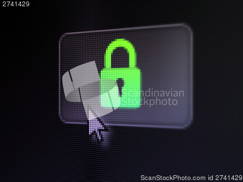 Image of Data concept: Closed Padlock on digital button background