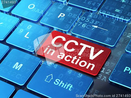 Image of Privacy concept: CCTV In action on computer keyboard background