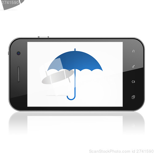 Image of Protection concept: Umbrella on smartphone
