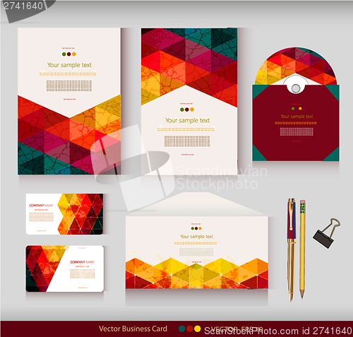 Image of Corporate Identity. Vector templates. Geometric pattern. Envelope, cards, business cards, tags, disc with packaging, pencils, clamp. With place for your text