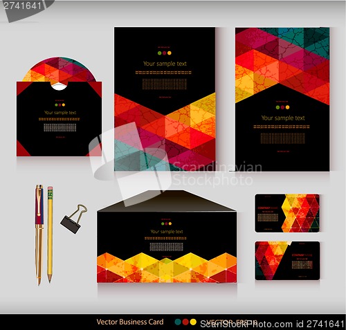 Image of Corporate Identity. Vector templates. Geometric pattern. Envelope, cards, business cards, tags, disc with packaging, pencils, clamp. With place for your text