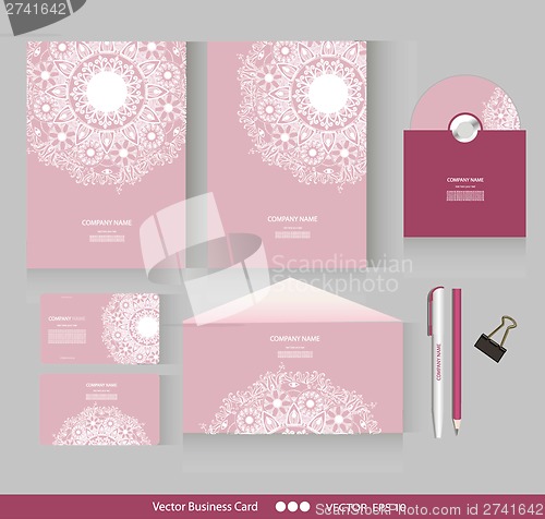 Image of Corporate Identity. Vector templates. Geometric pattern. Envelope, cards, business cards, tags, disc with packaging, pencils, clamp. With place for your text