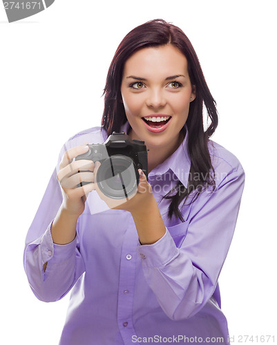 Image of Attractive Mixed Race Young woman With DSLR Camera on White