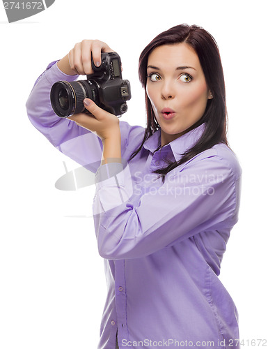 Image of Attractive Mixed Race Young woman With DSLR Camera on White