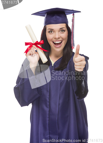 Image of Mixed Race Graduate in Cap and Gown Holding Her Diploma