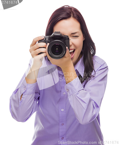 Image of Attractive Mixed Race Young woman With DSLR Camera on White