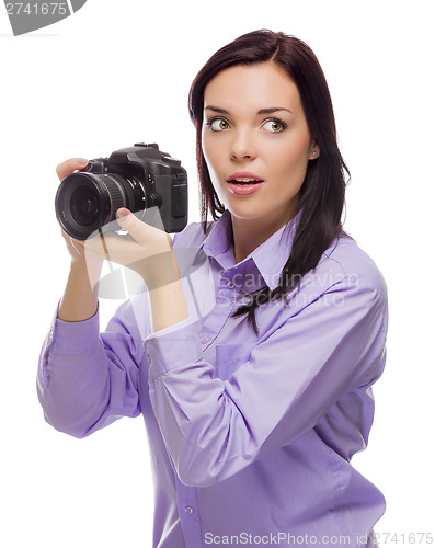 Image of Attractive Mixed Race Young woman With DSLR Camera on White