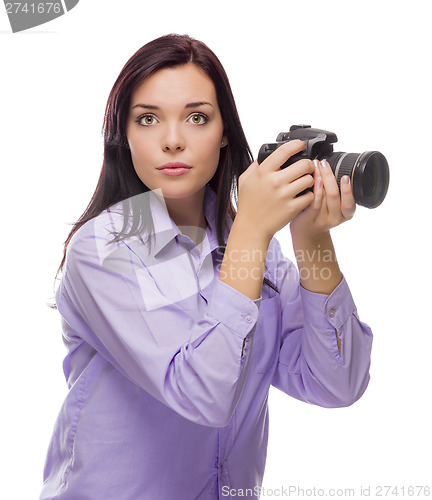 Image of Attractive Mixed Race Young woman With DSLR Camera on White