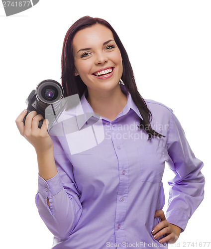 Image of Attractive Mixed Race Young woman With DSLR Camera on White