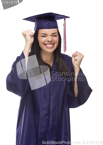 Image of Excited Mixed Race Graduate in Cap and Gown Cheering