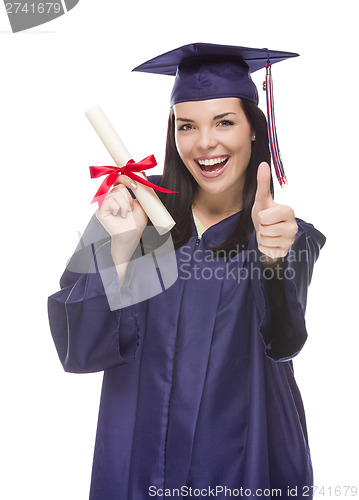 Image of Mixed Race Graduate in Cap and Gown Holding Her Diploma