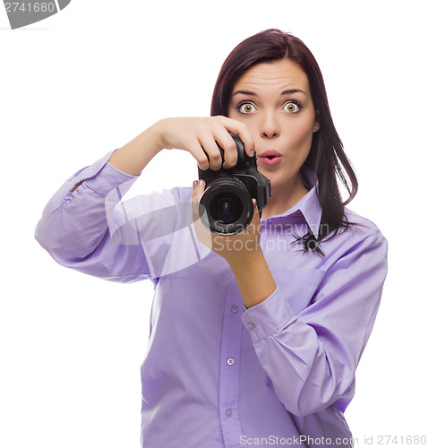 Image of Attractive Mixed Race Young woman With DSLR Camera on White