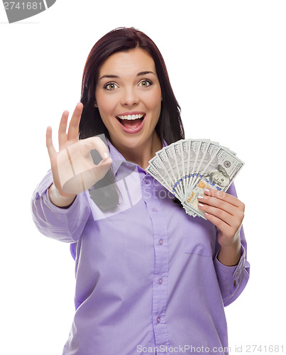 Image of Mixed Race Woman Holding the New One Hundred Dollar Bills