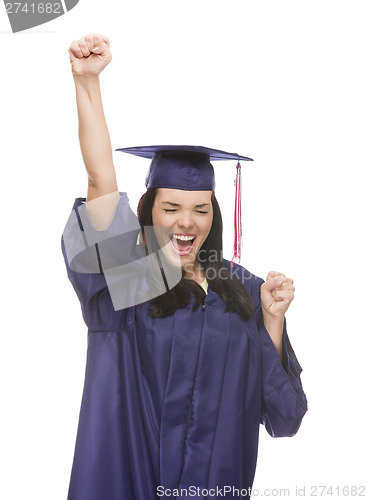 Image of Excited Mixed Race Graduate in Cap and Gown Cheering