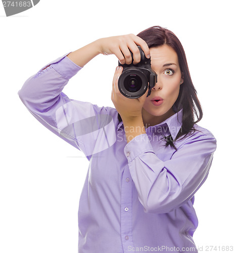 Image of Attractive Mixed Race Young woman With DSLR Camera on White