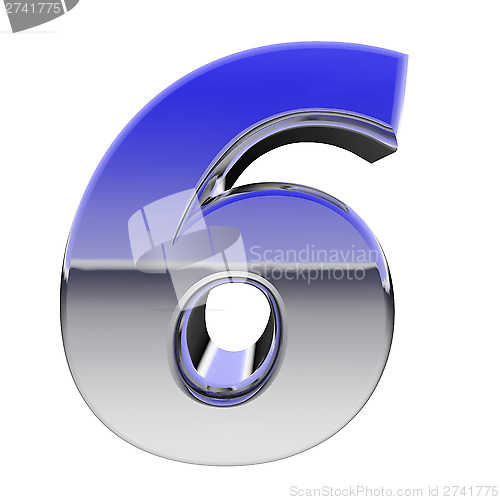 Image of Chrome number 6 with color gradient reflections isolated on white