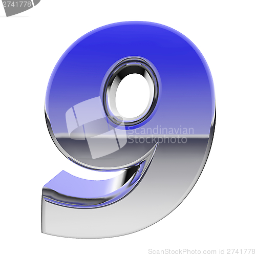 Image of Chrome number 9 with color gradient reflections isolated on white