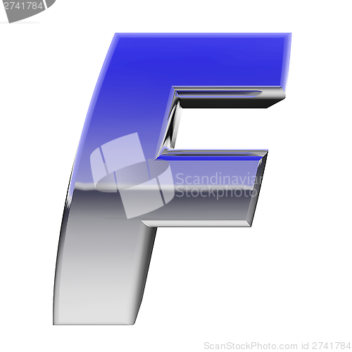 Image of Chrome alphabet symbol letter F with color gradient reflections isolated on white