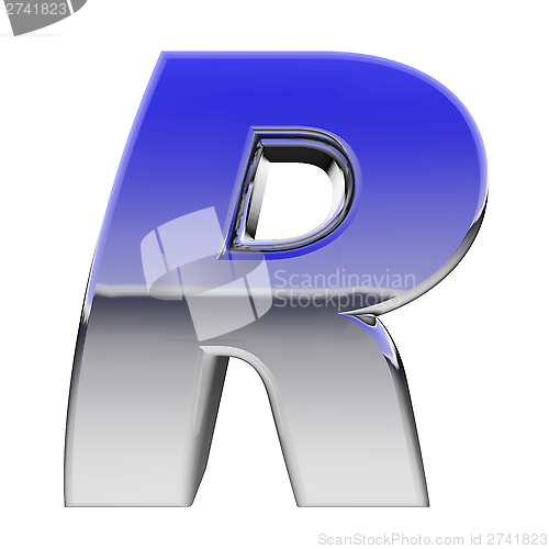 Image of Chrome alphabet symbol letter R with color gradient reflections isolated on white