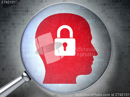 Image of Data concept:  Head With Padlock with optical glass on digital b