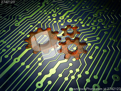 Image of Marketing concept: Gears on circuit board background