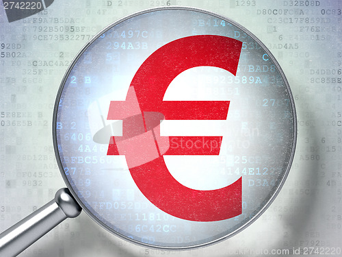 Image of Currency concept:  Euro with optical glass on digital background