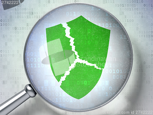 Image of Privacy concept:  Broken Shield with optical glass on digital ba