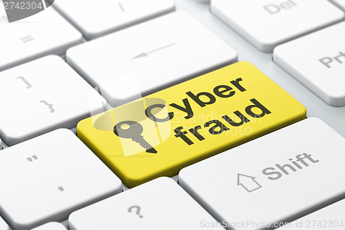 Image of Protection concept: Key and Cyber Fraud on computer keyboard bac