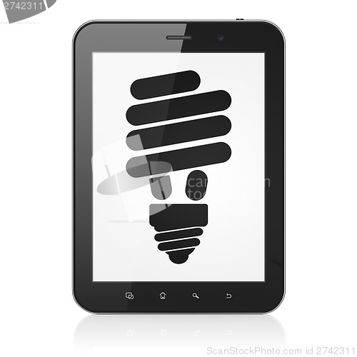 Image of Business concept: Energy Saving Lamp on tablet pc computer