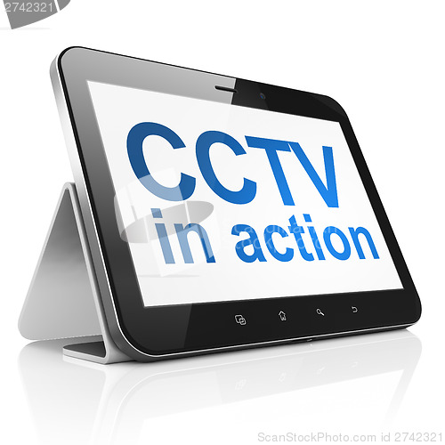 Image of Security concept: CCTV In action on tablet pc computer