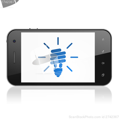 Image of Business concept: Energy Saving Lamp on smartphone