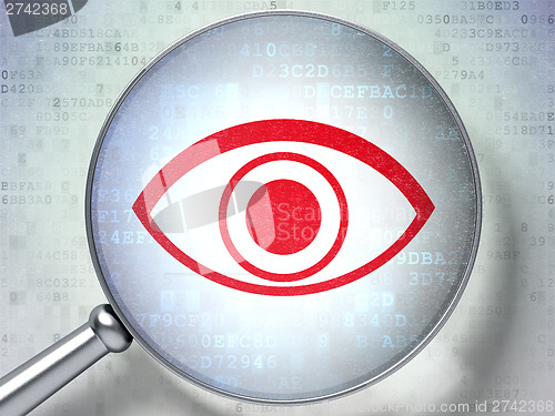 Image of Protection concept:  Eye with optical glass on digital backgroun